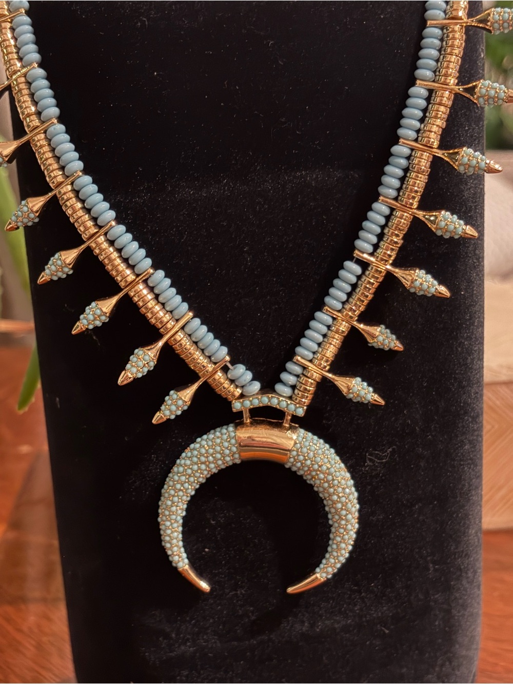 Gold-Tone Necklace with Light Blue Beaded Crescent Pendant